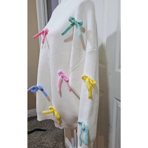 Cider Oversized Cream Bow Sweater Multicolored Applique Size M - Picture 7 of 8